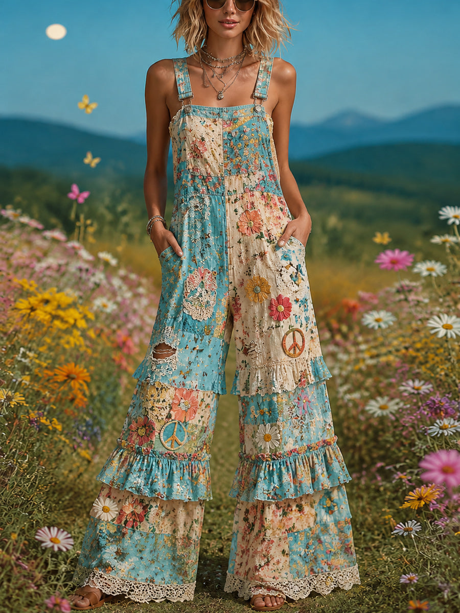 Women's Retro Style Art Print Washed Cotton Denim Patchwork Jumpsuit