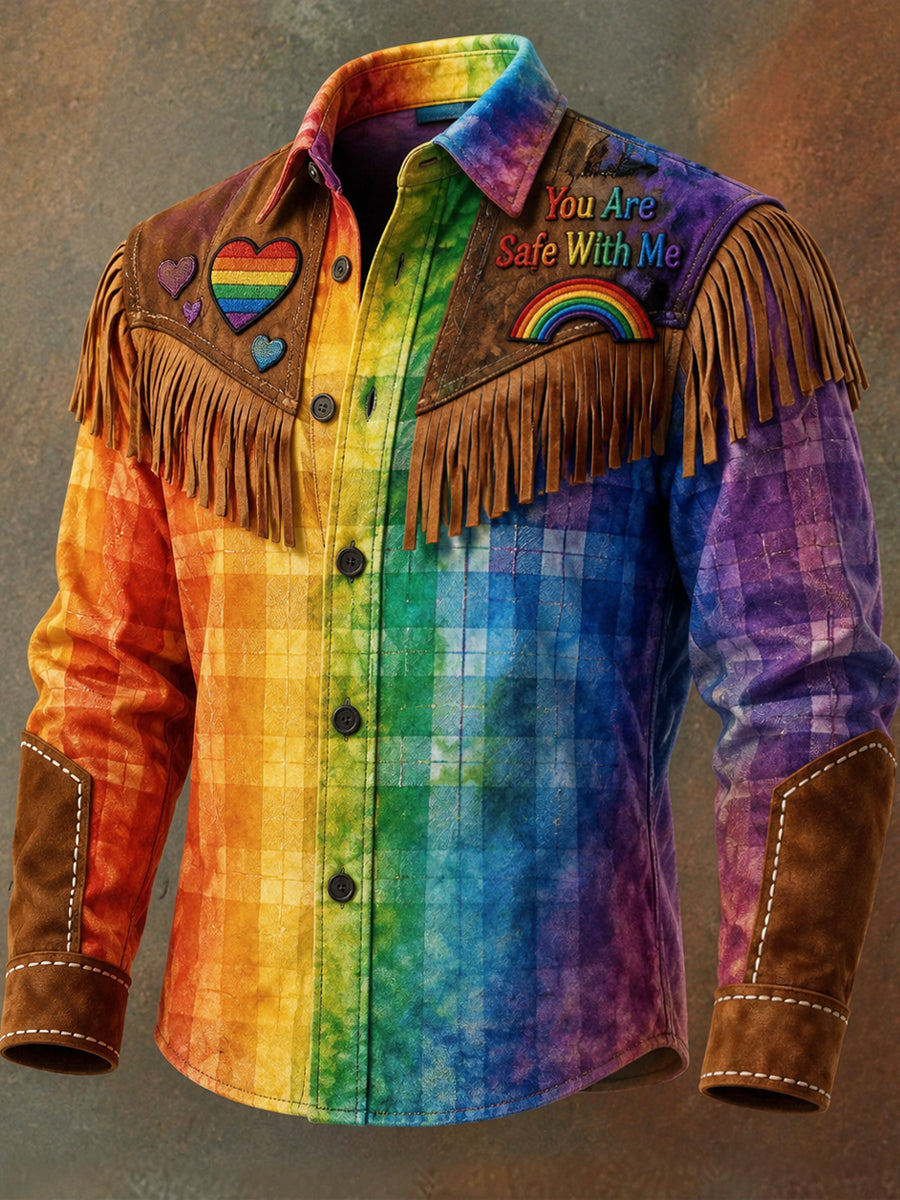 Men's Retro Pride Month Rainbow Art Print Western Vintage Tassel Casual Long Sleeve Shirt