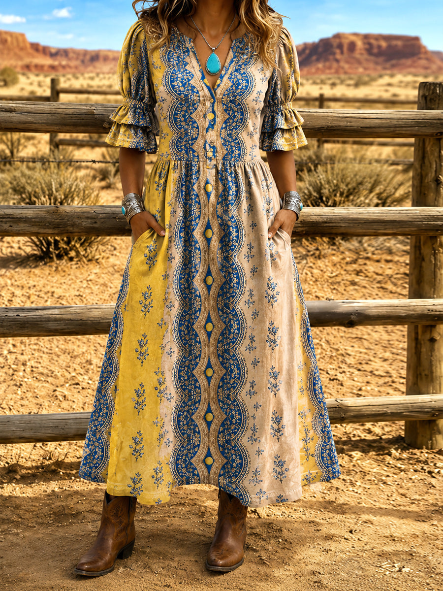 Women's Retro Art Print Washed Cotton Layered Patchwork Midi Dress