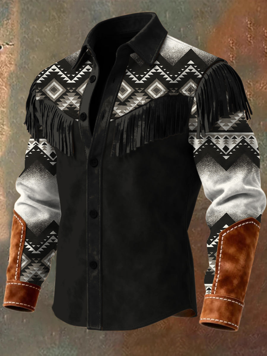 Men's Retro Western Style Art Print Vintage Tassel Casual Long Sleeve Shirt