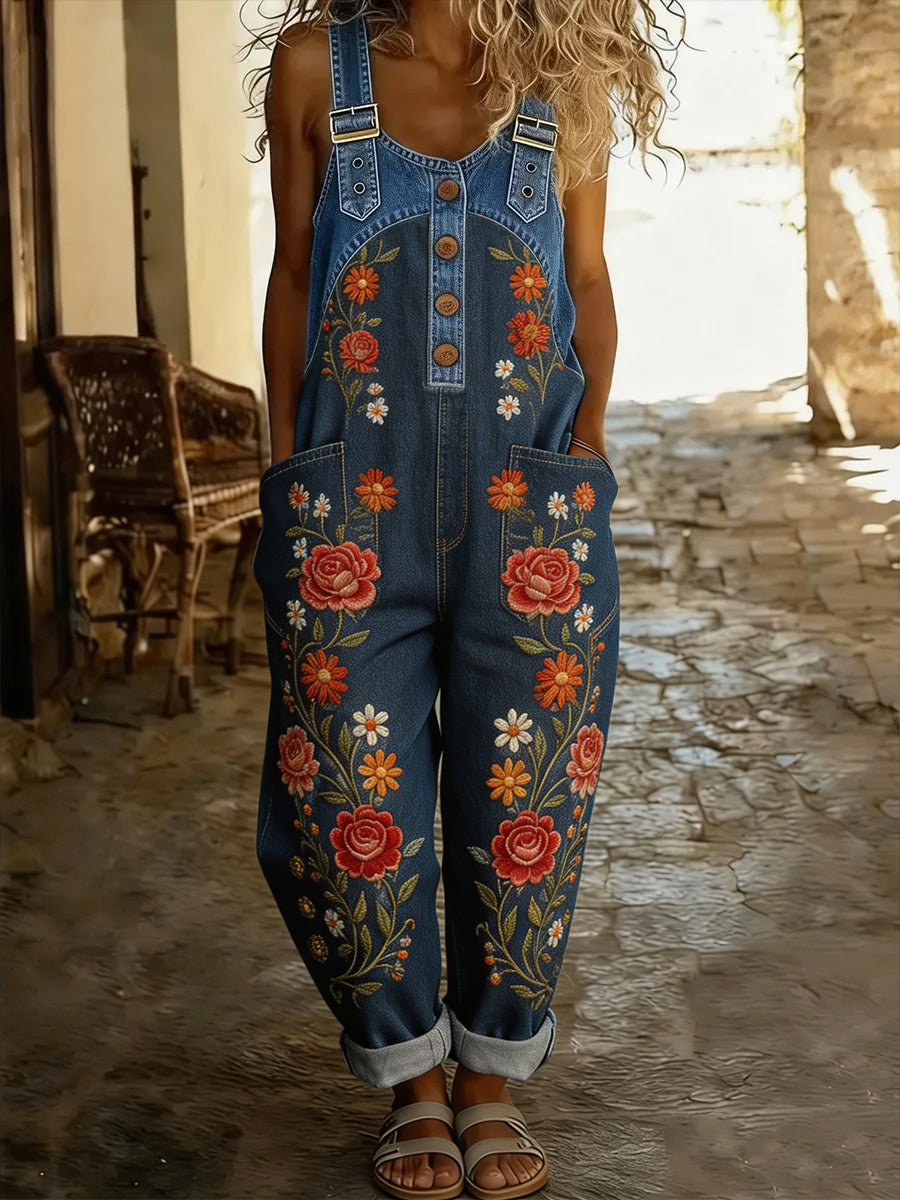 Women's Retro Style Art Print Washed Cotton Denim Patchwork Jumpsuit