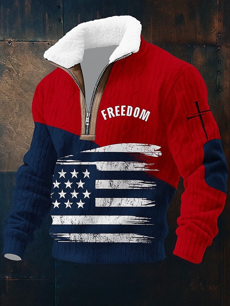 Men's Freedom American Flag Printed Jacquard Fabric Zipper Fur Collar Long Sleeve Sweatshirt
