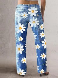 Women's Retro Style Art Print Casual Pocket Button Wide Leg Pants