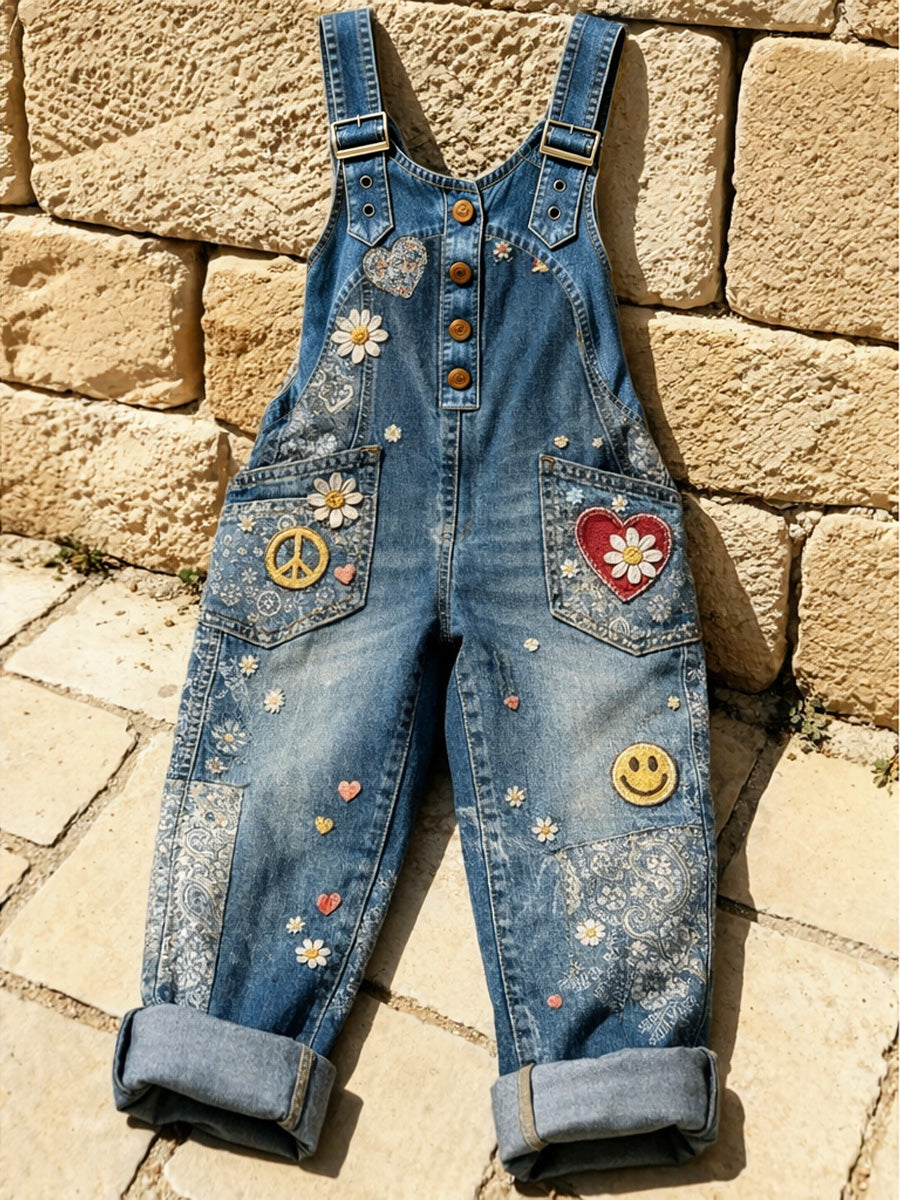 Women's Retro Floral Color-Blocked Art Print Washed Cotton Denim Patchwork Jumpsuit