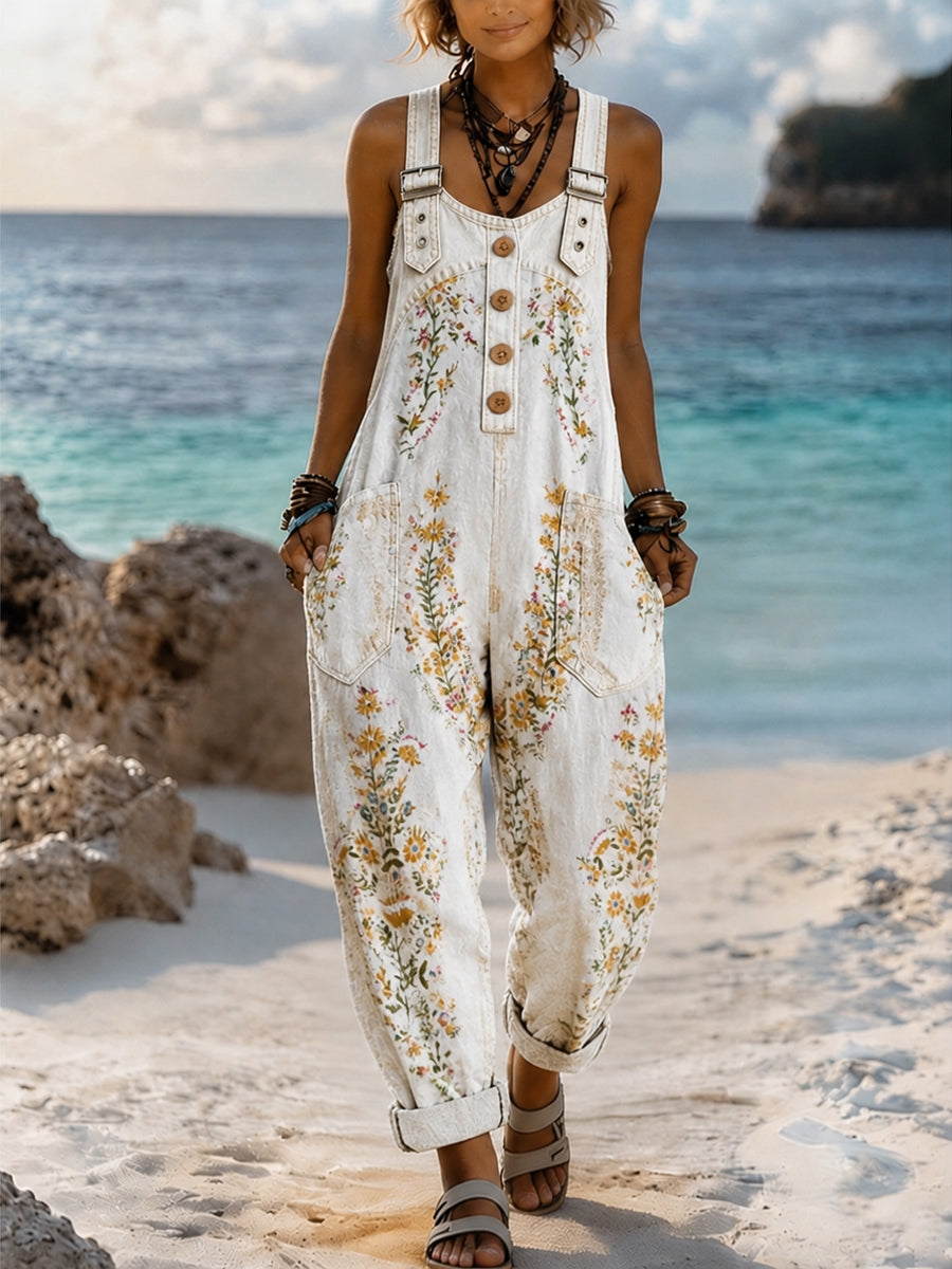 Women's Retro Style Art Print Washed Cotton Denim Patchwork Jumpsuit