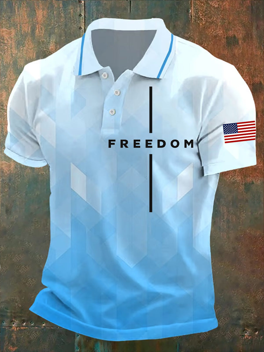 Men's Freedom American Flag Print Retro V-Neck Short Sleeves Polo-Shirt