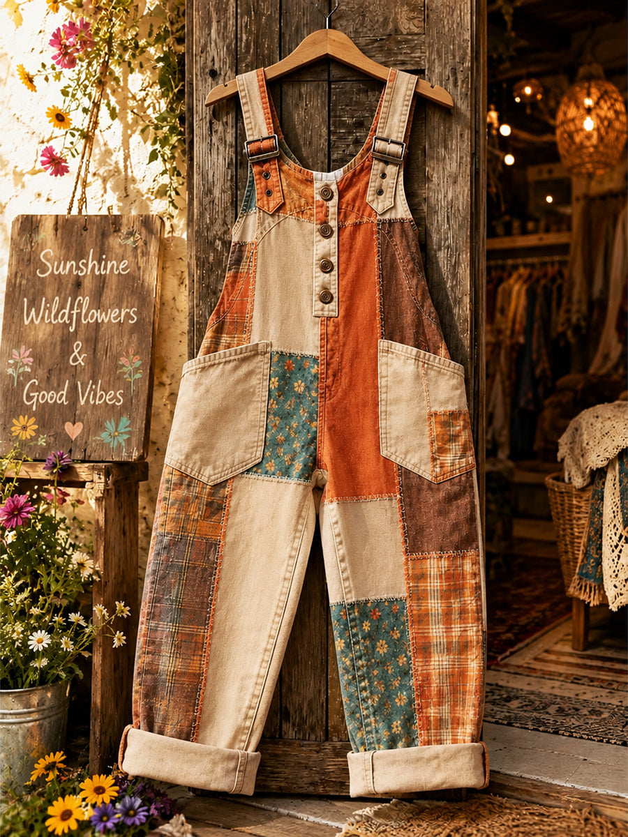 Women's Retro Style Art Print Washed Cotton Denim Patchwork Jumpsuit
