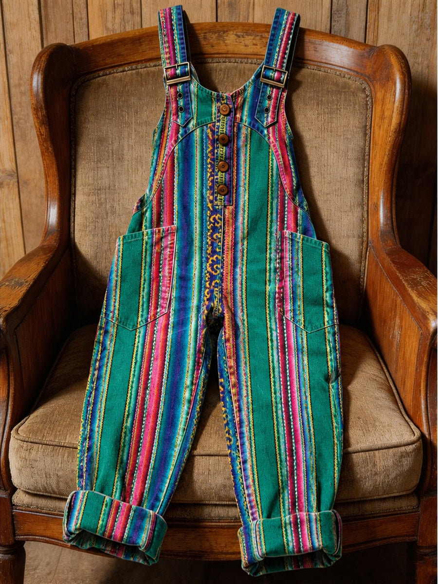Women's Retro Style Art Print Washed Cotton Denim Patchwork Jumpsuit