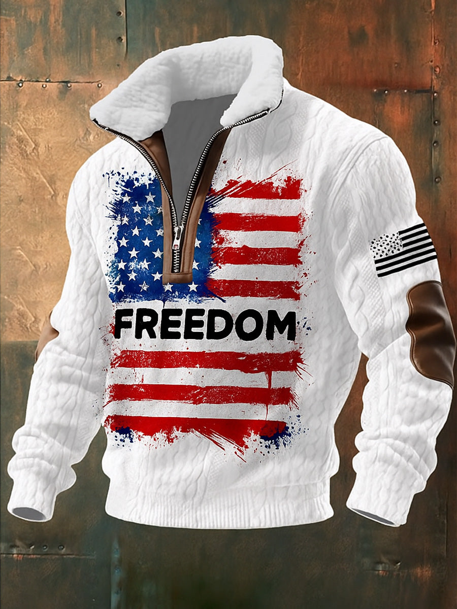 Men's Freedom American Flag Printed Jacquard Fabric Zipper Fur Collar Long Sleeve Sweatshirt