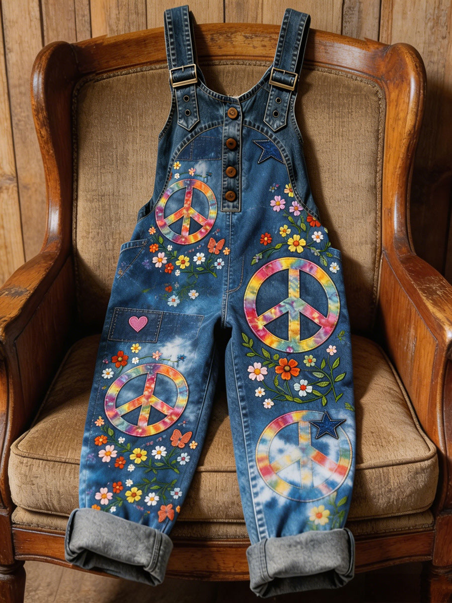 Women's Retro Style Art Print Washed Cotton Denim Patchwork Jumpsuit