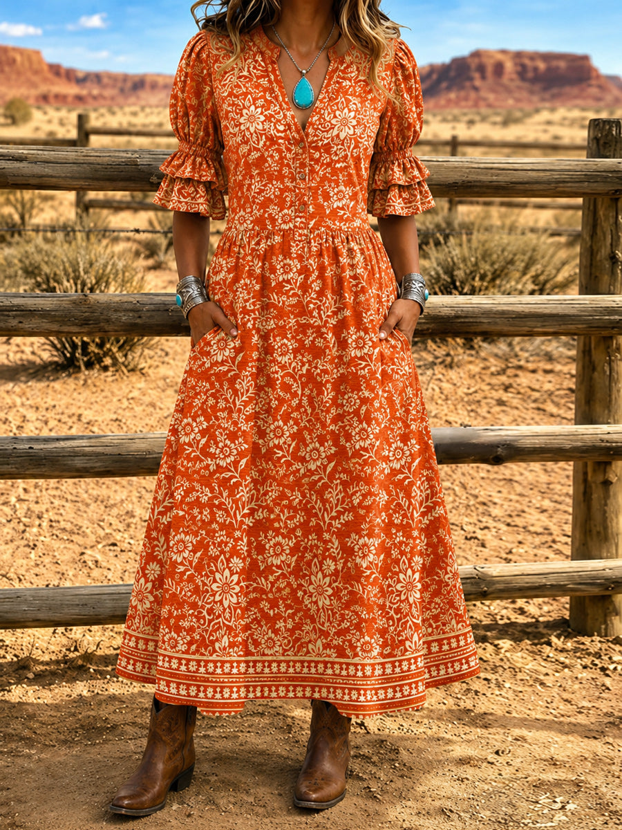 Women's Retro Art Print Washed Cotton Layered Patchwork Midi Dress