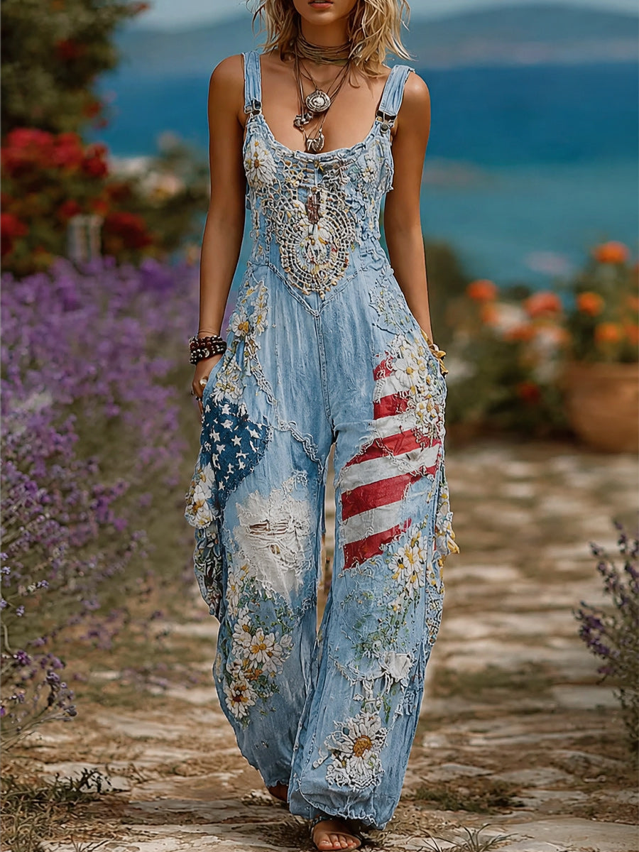 Women's Retro Style Art Print Washed Cotton Denim Patchwork Jumpsuit