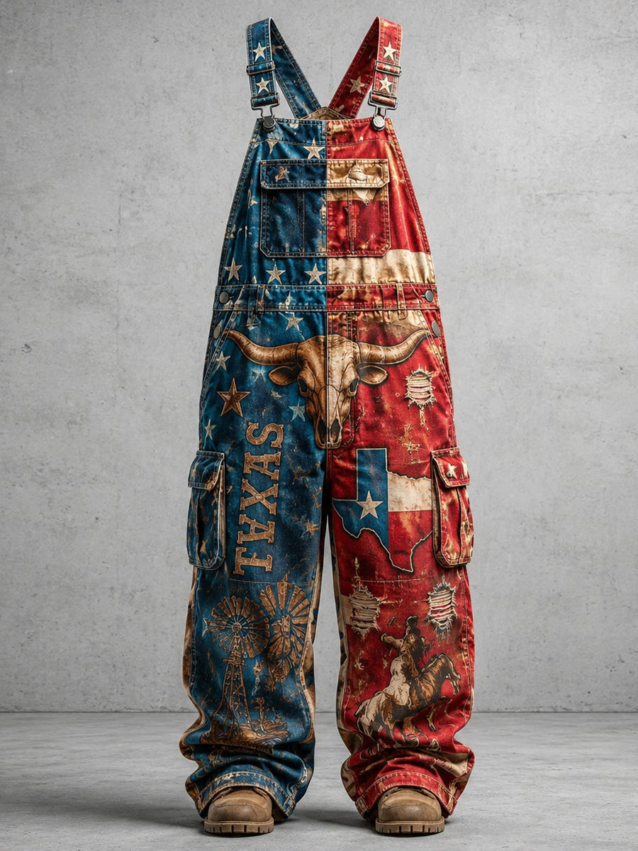 Men's Retro Style Art Print Vintage Casual Washed Cotton Denim Patchwork Jumpsuit