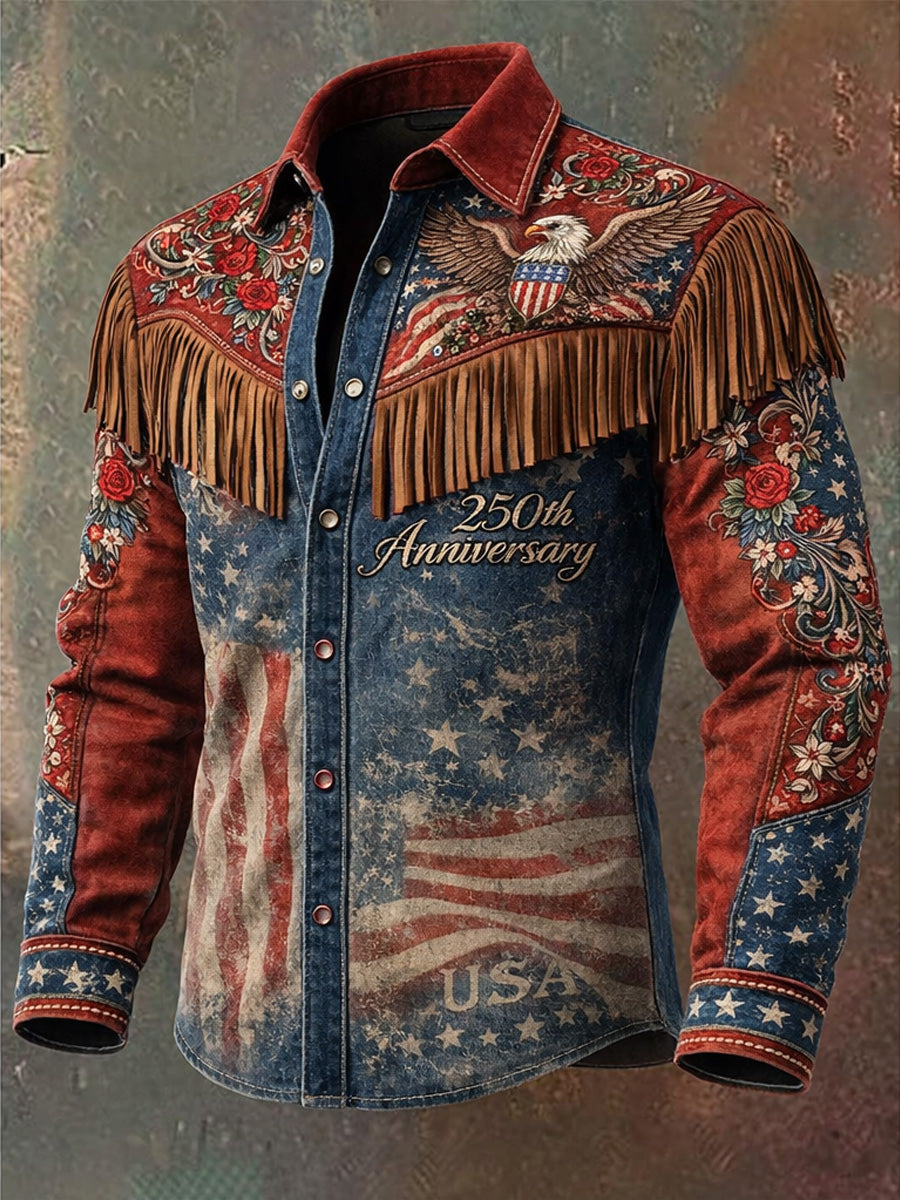 Men's Retro Western Style Art Print Vintage Tassel Casual Long Sleeve Shirt