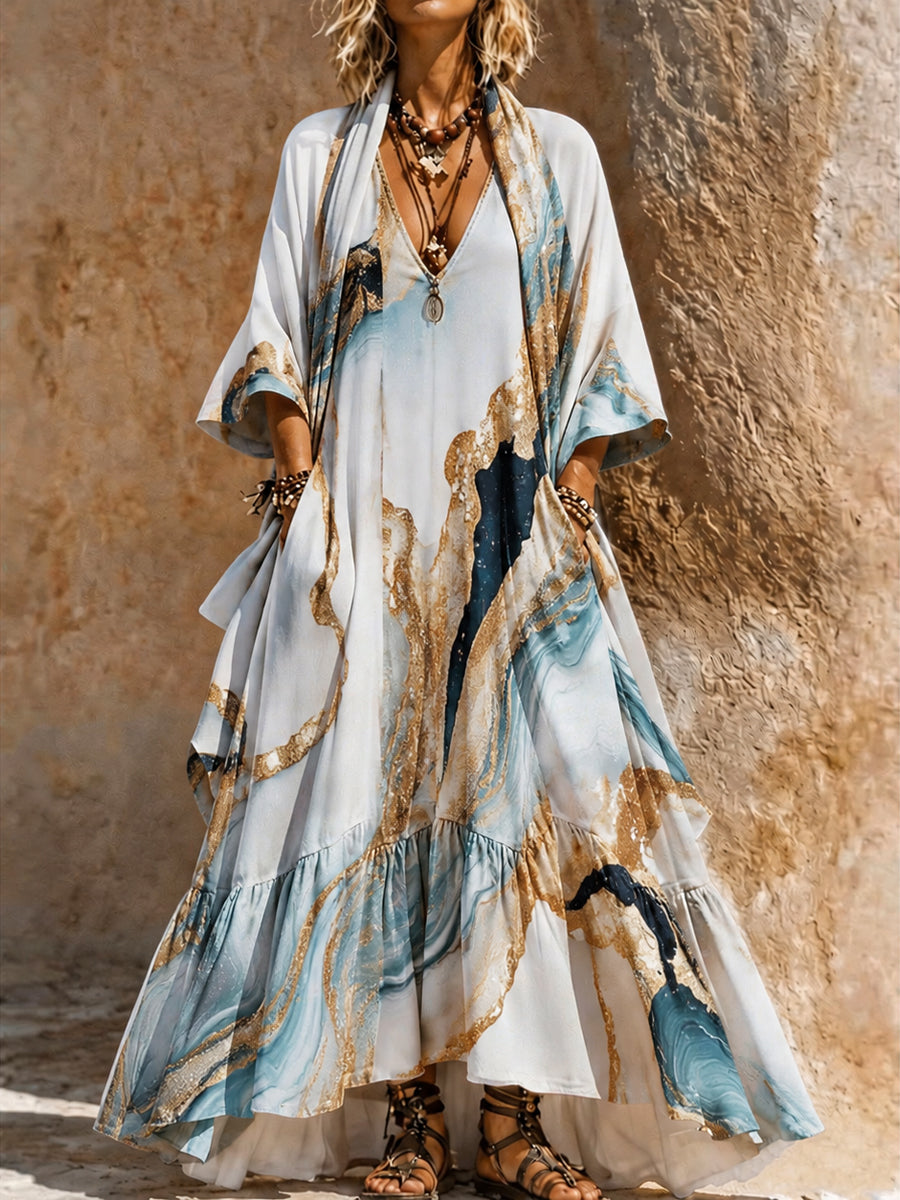 Retro Style Art Printed Vintage Camisole Dress Long Sleeve Two-Piece Maxi Dress