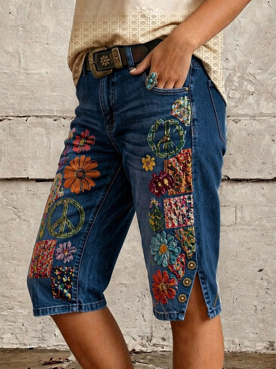 Vintage Floral Print Casual Denim Shorts
