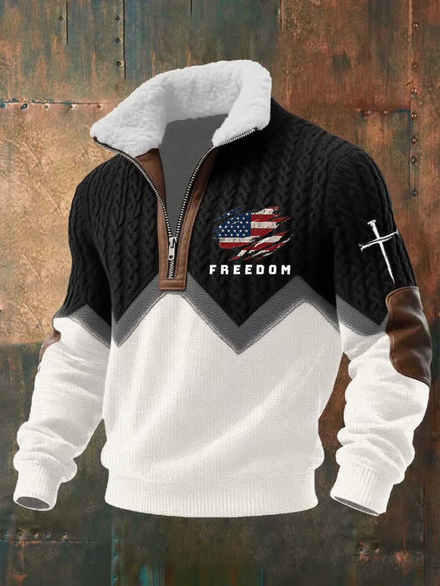 Men's Retro American Flag Freedom Print Jacquard Fabric Zipper Fur Collar Long Sleeve Sweatshirt