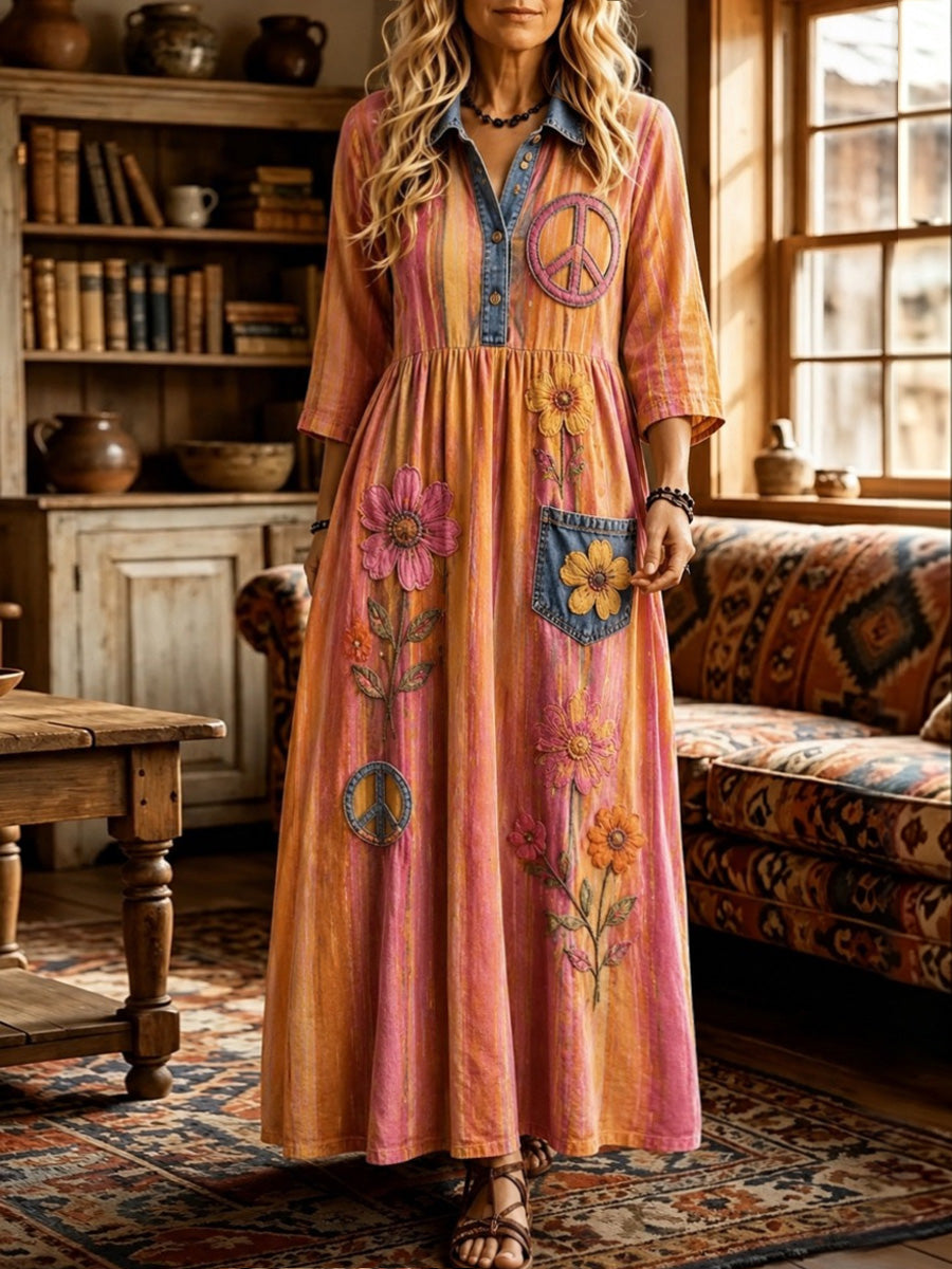 Women's Hippy Floral Art Print Washed Cotton Denim Patchwork Midi Dress