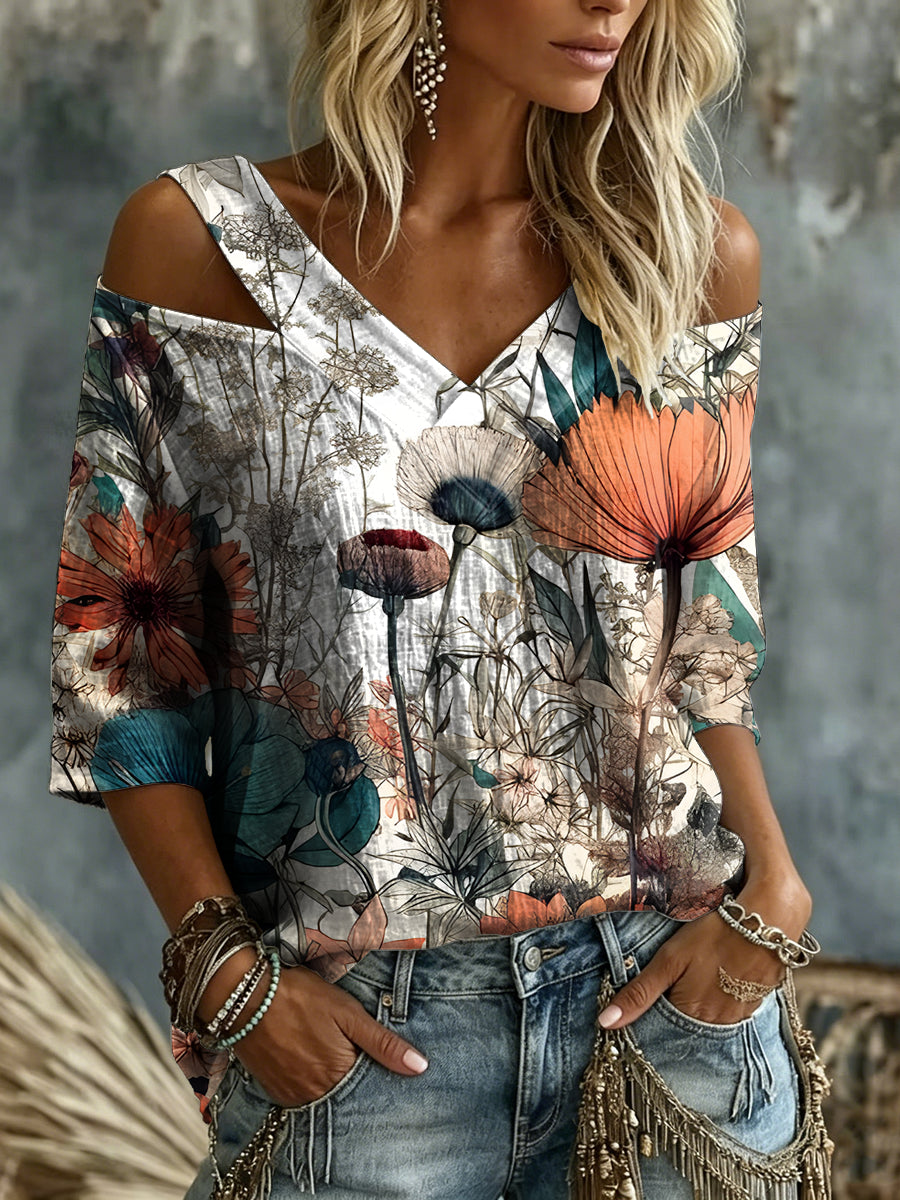 Women's Vintage Botanical Floral Print Cold Shoulder Blouse