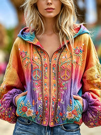 Women's Retro Hippie Style Peace Symbol Floral Embroidered Hooded Jacket
