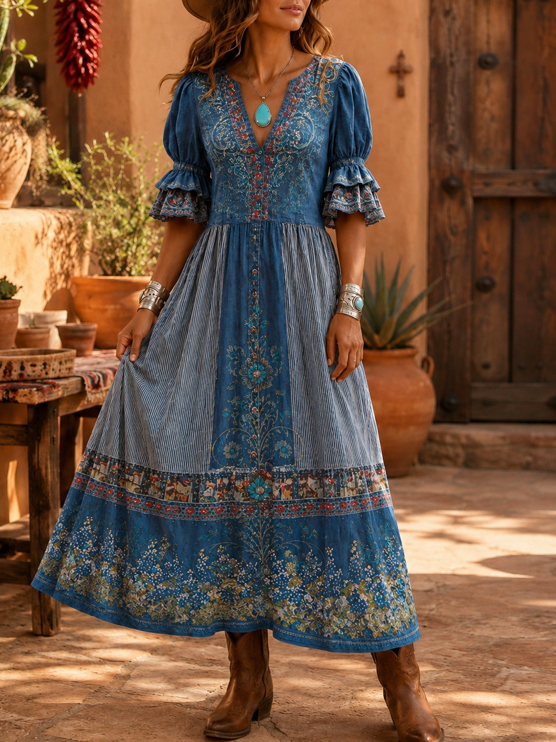 Women's Retro Art Print Washed Cotton Lace Patchwork Midi Dress