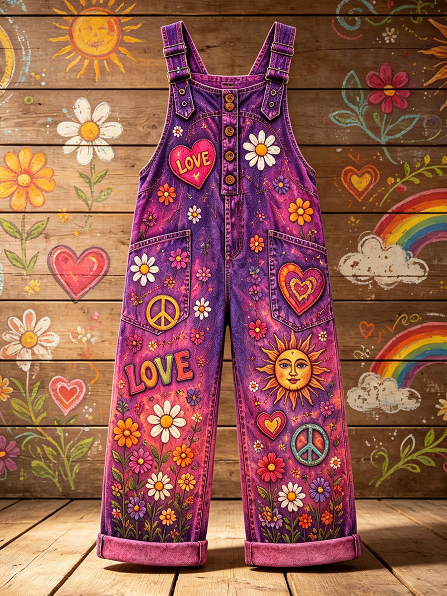Women's Retro Style Art Print Washed Cotton Denim Patchwork Jumpsuit