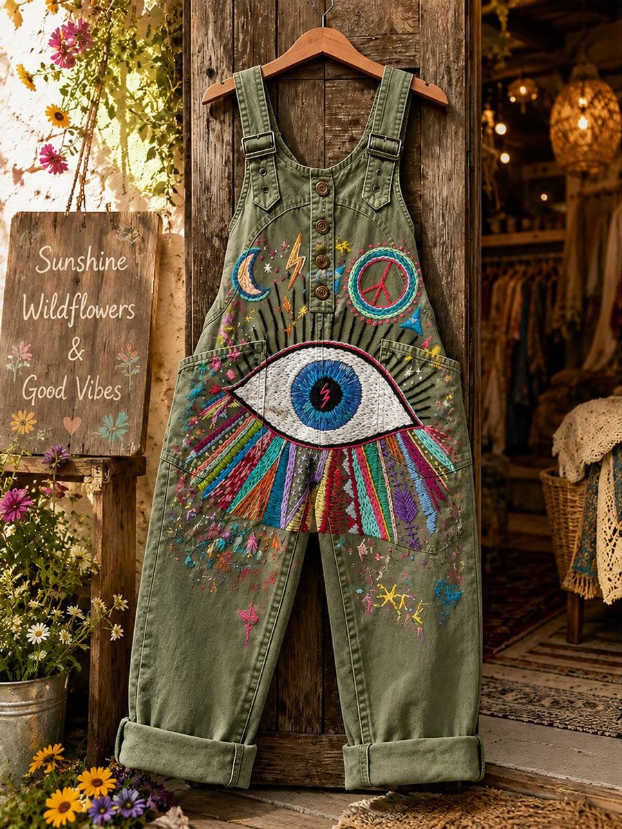 Women's Retro Style Art Print Washed Cotton Denim Patchwork Jumpsuit