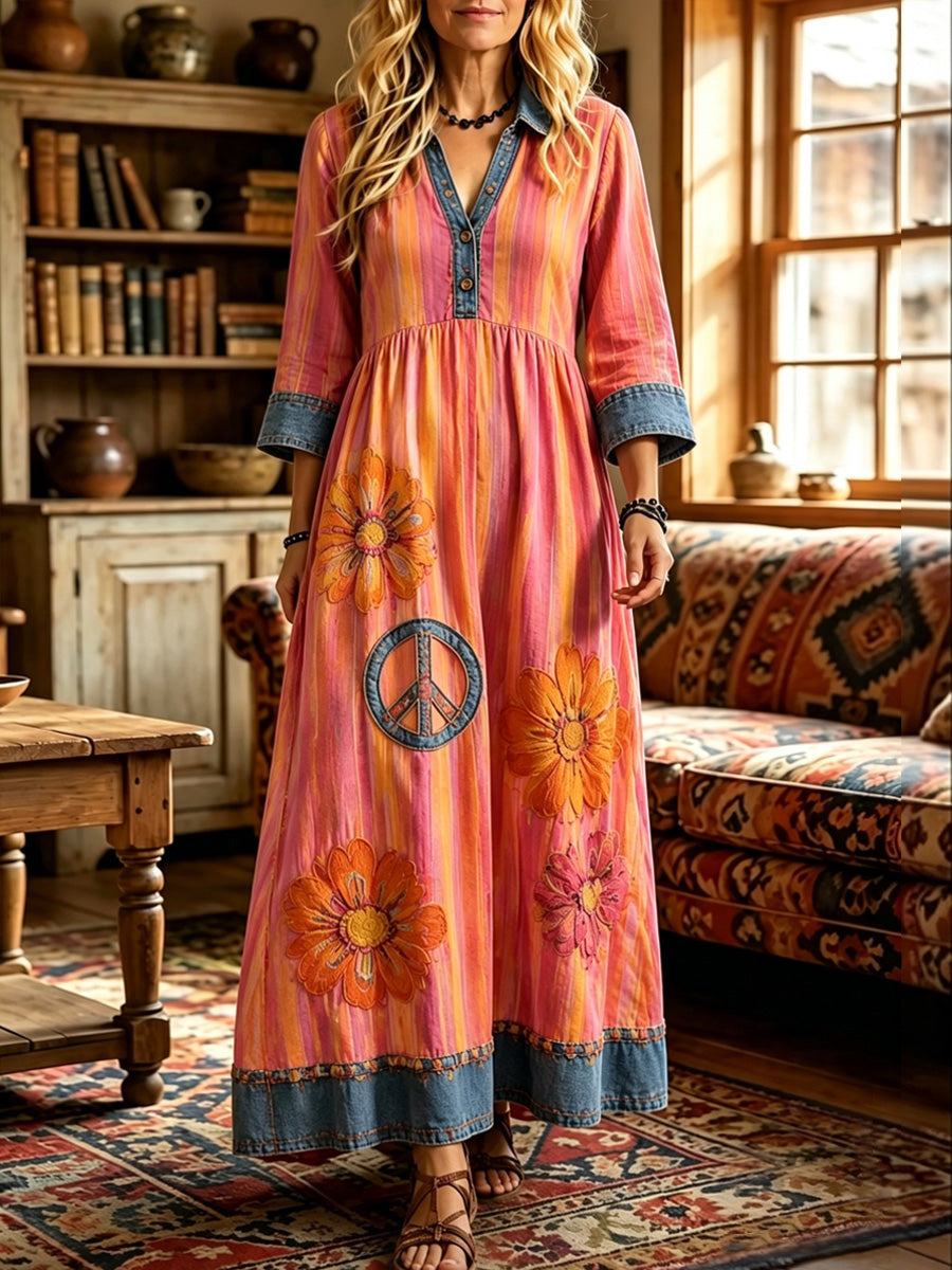 Women's Hippy Floral Art Print Washed Cotton Denim Patchwork Midi Dress