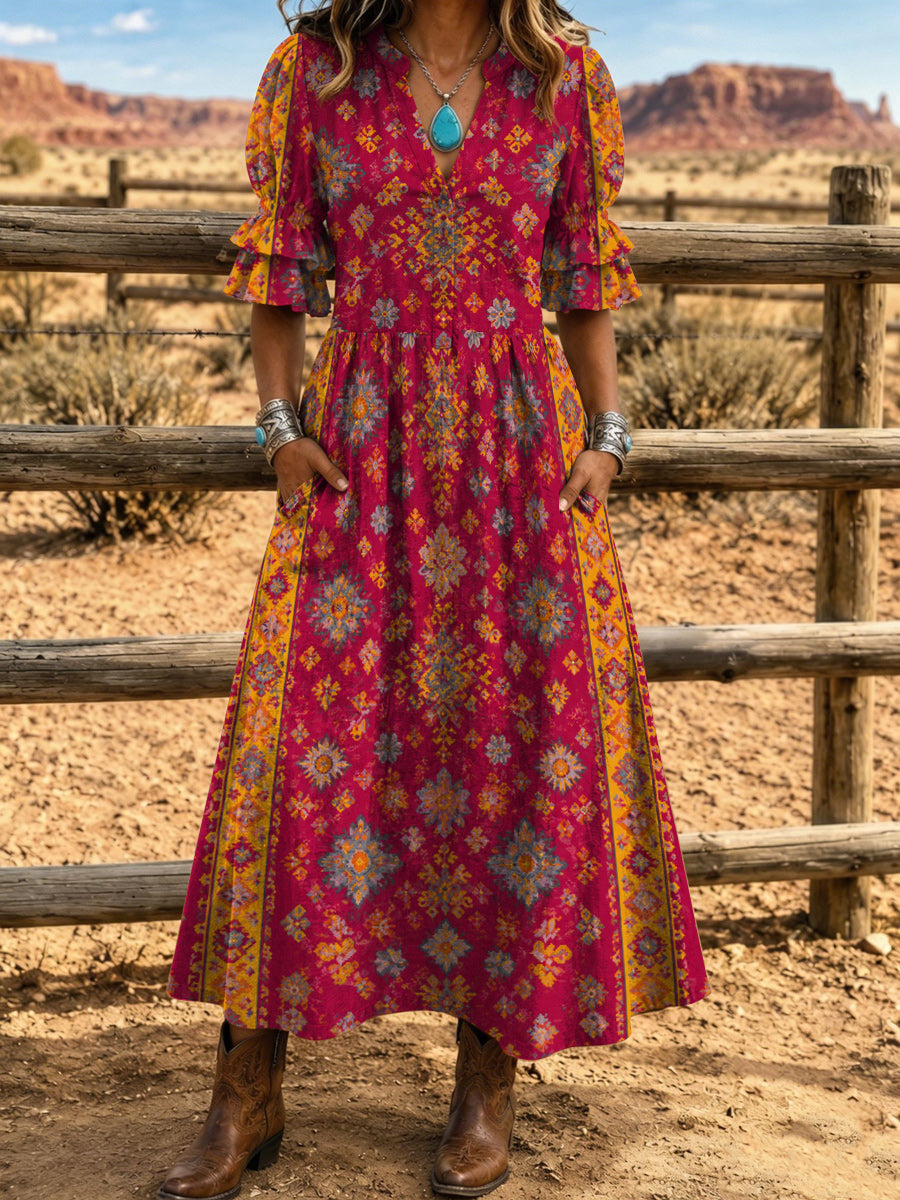 Women's Retro Hippy Art Print Washed Cotton Lace Patchwork Midi Dress