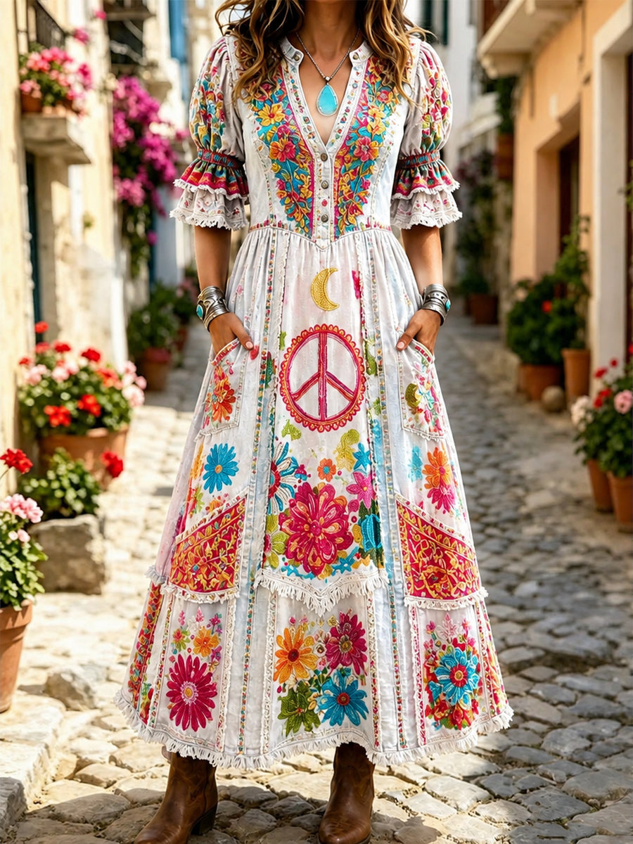 Women's Retro Art Print Washed Cotton Lace Patchwork Midi Dress