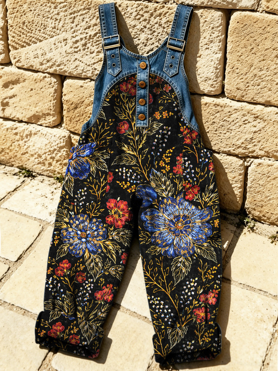 Women's Retro Floral Color-Blocked Art Print Washed Cotton Denim Patchwork Jumpsuit