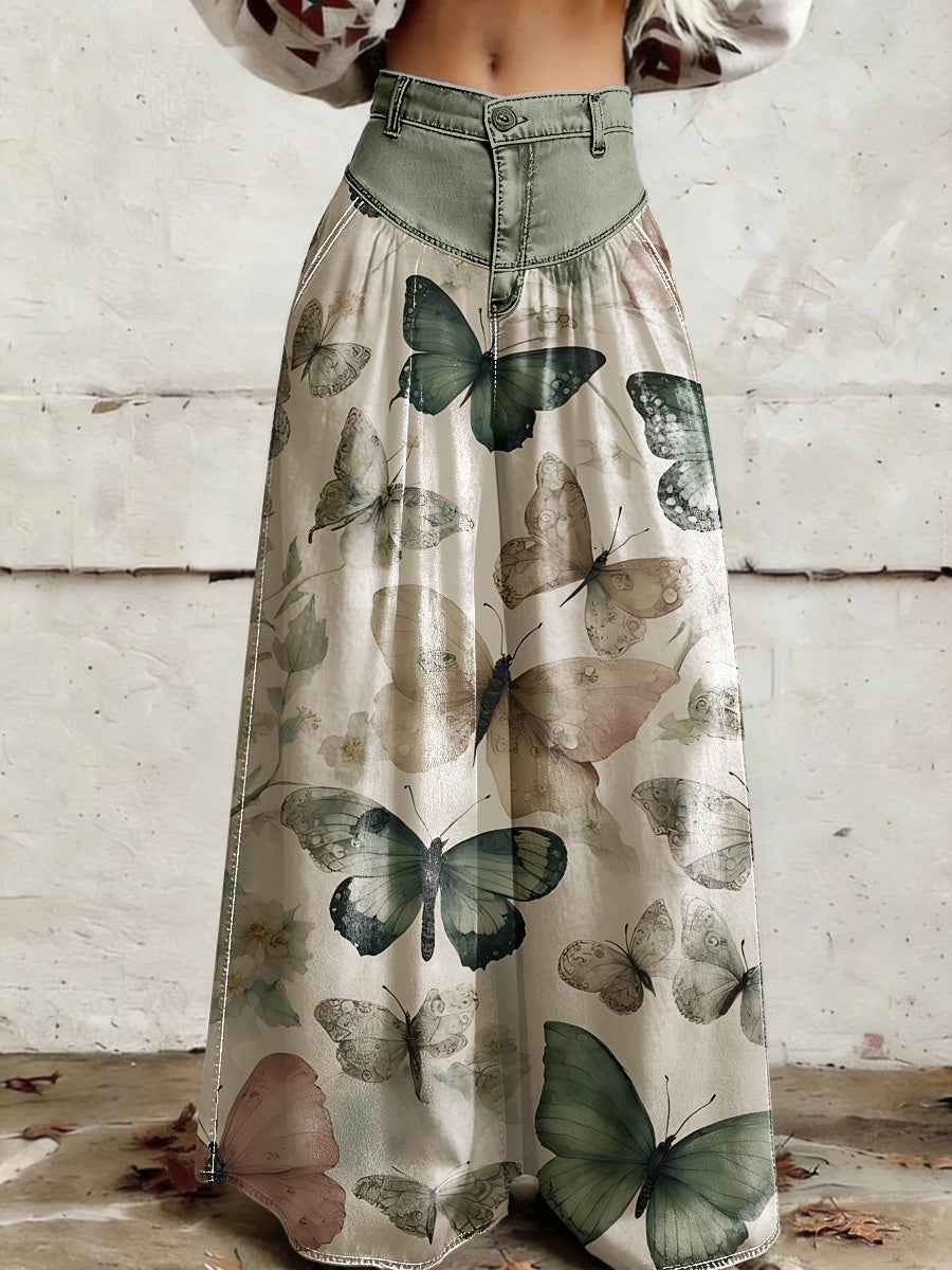 Women's Retro Floral Color-Blocked Art Print Casual Style Wide Leg Pants