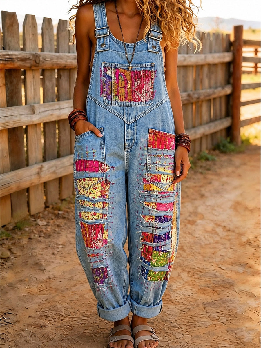 Women's Retro Style Art Print Washed Cotton Denim Patchwork Jumpsuit