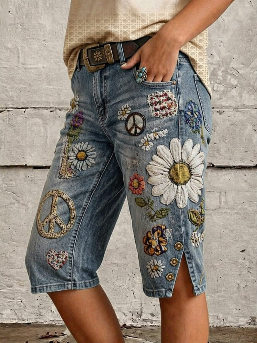 Vintage Floral Print Casual Denim Shorts