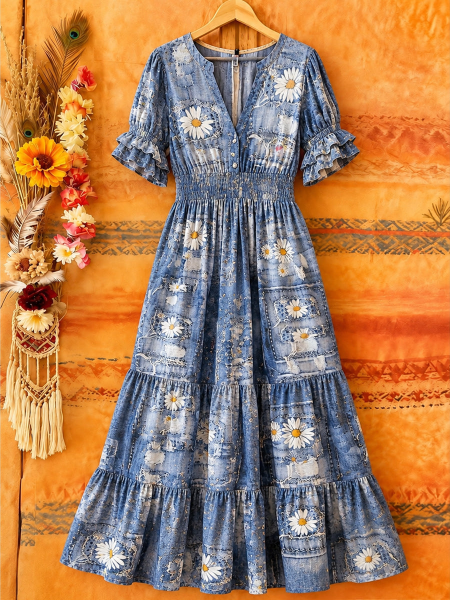 Women's Retro Art Print Washed Cotton Lace Patchwork Midi Dress