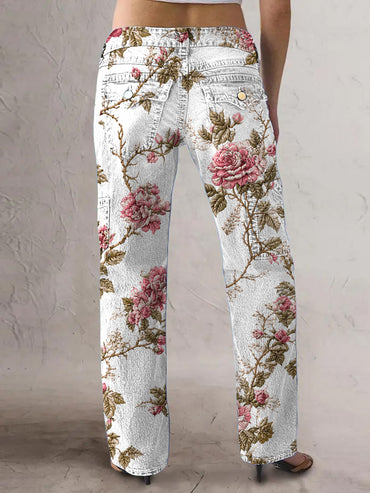 Women's Retro Style Art Print Casual Pocket Button Wide Leg Pants