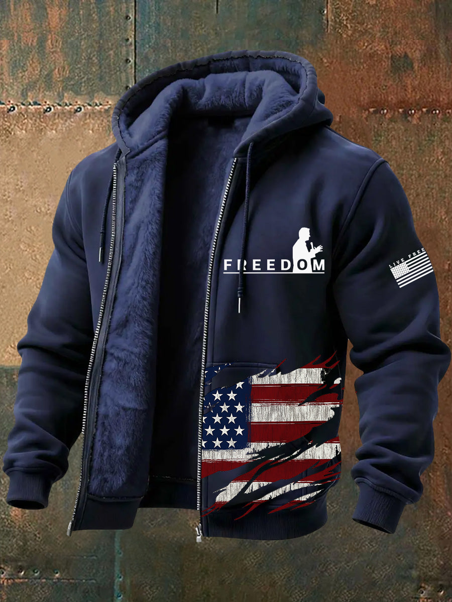 Men's Freedom American Flag Print Retro Casual Plush Inner Liner Hooded Long Sleeves Sweatshirt
