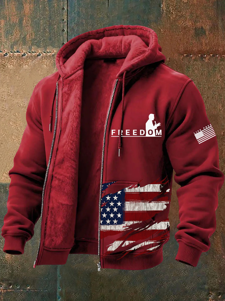 Men's Freedom American Flag Print Retro Casual Plush Inner Liner Hooded Long Sleeves Sweatshirt