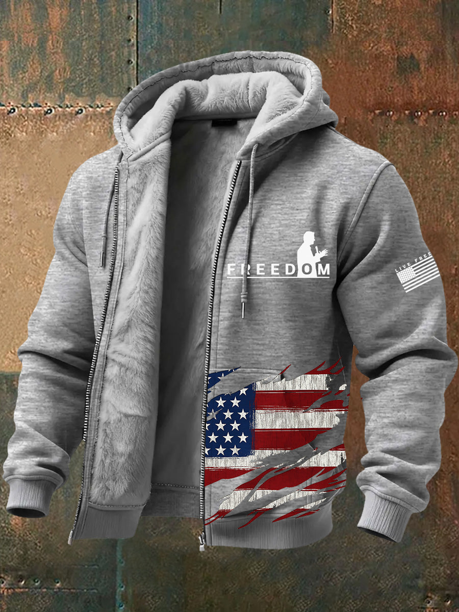 Men's Freedom American Flag Print Retro Casual Plush Inner Liner Hooded Long Sleeves Sweatshirt