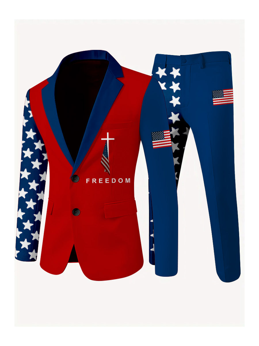 Men's Freedom American Flag Print Casual Jacket Trousers Two-Piece Suits