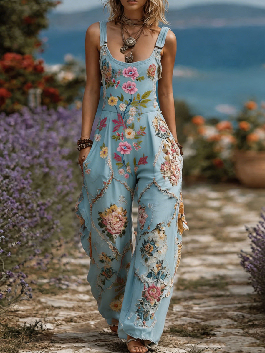 Women's Retro Style Art Print Washed Cotton Denim Patchwork Jumpsuit