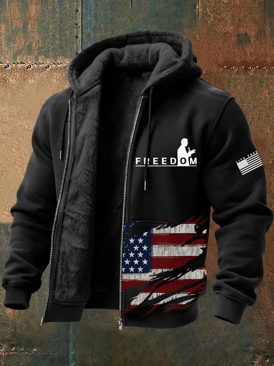 Men's Freedom American Flag Print Retro Casual Plush Inner Liner Hooded Long Sleeves Sweatshirt