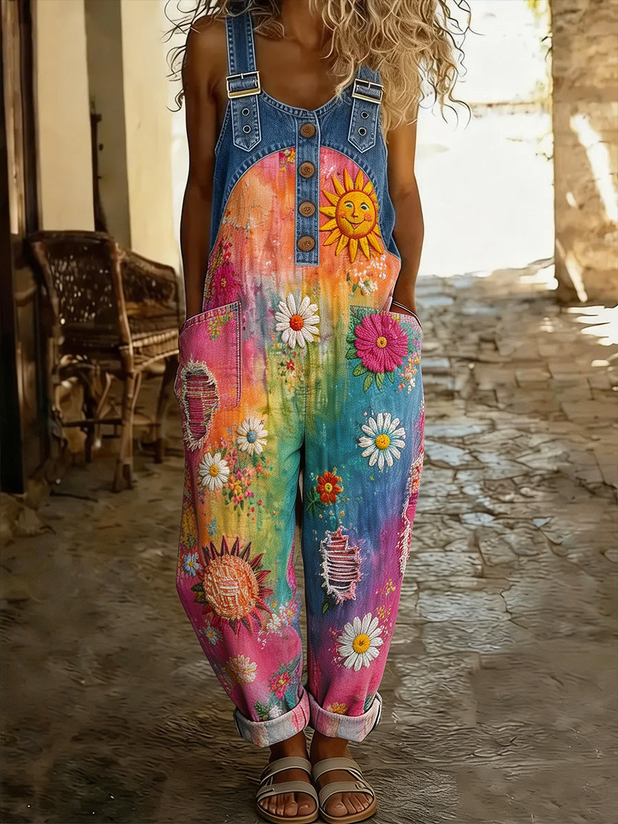 Women's Retro Style Art Print Washed Cotton Denim Patchwork Jumpsuit
