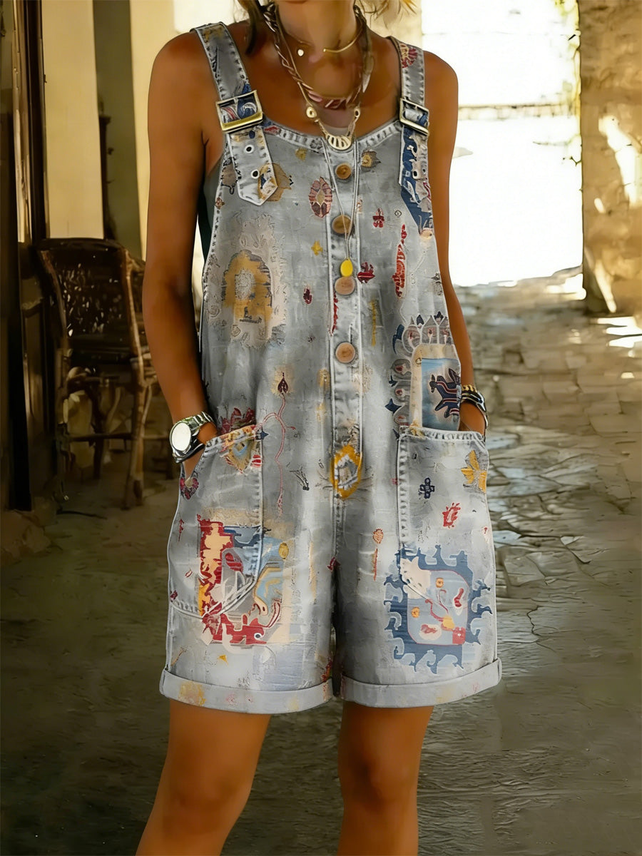 Women's Floral Art Print Washed Cotton Denim Patchwork Jumpsuit