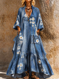 Retro Style Art Printed Vintage Camisole Dress Long Sleeve Two-Piece Maxi Dress