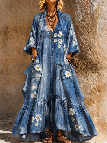 Retro Style Art Printed Vintage Camisole Dress Long Sleeve Two-Piece Maxi Dress