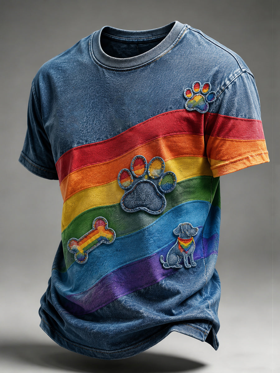 Retro Pride Month Rainbow Art Printed Round Neck Short Sleeves T-Shirt