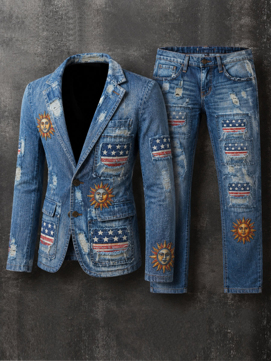 Men's Retro Style Art Print Casual Jacket Trousers Two-Piece Suits