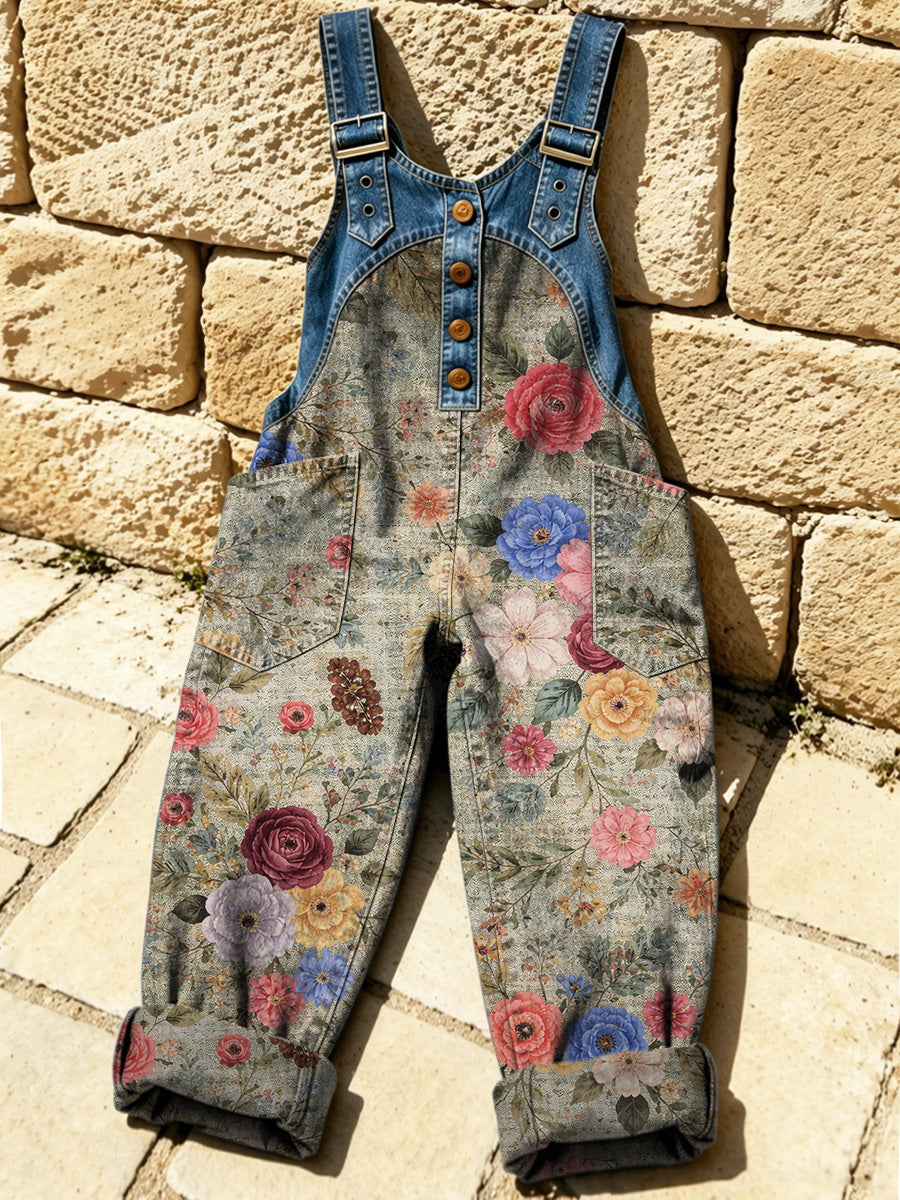 Women's Retro Floral Color-Blocked Art Print Washed Cotton Denim Patchwork Jumpsuit