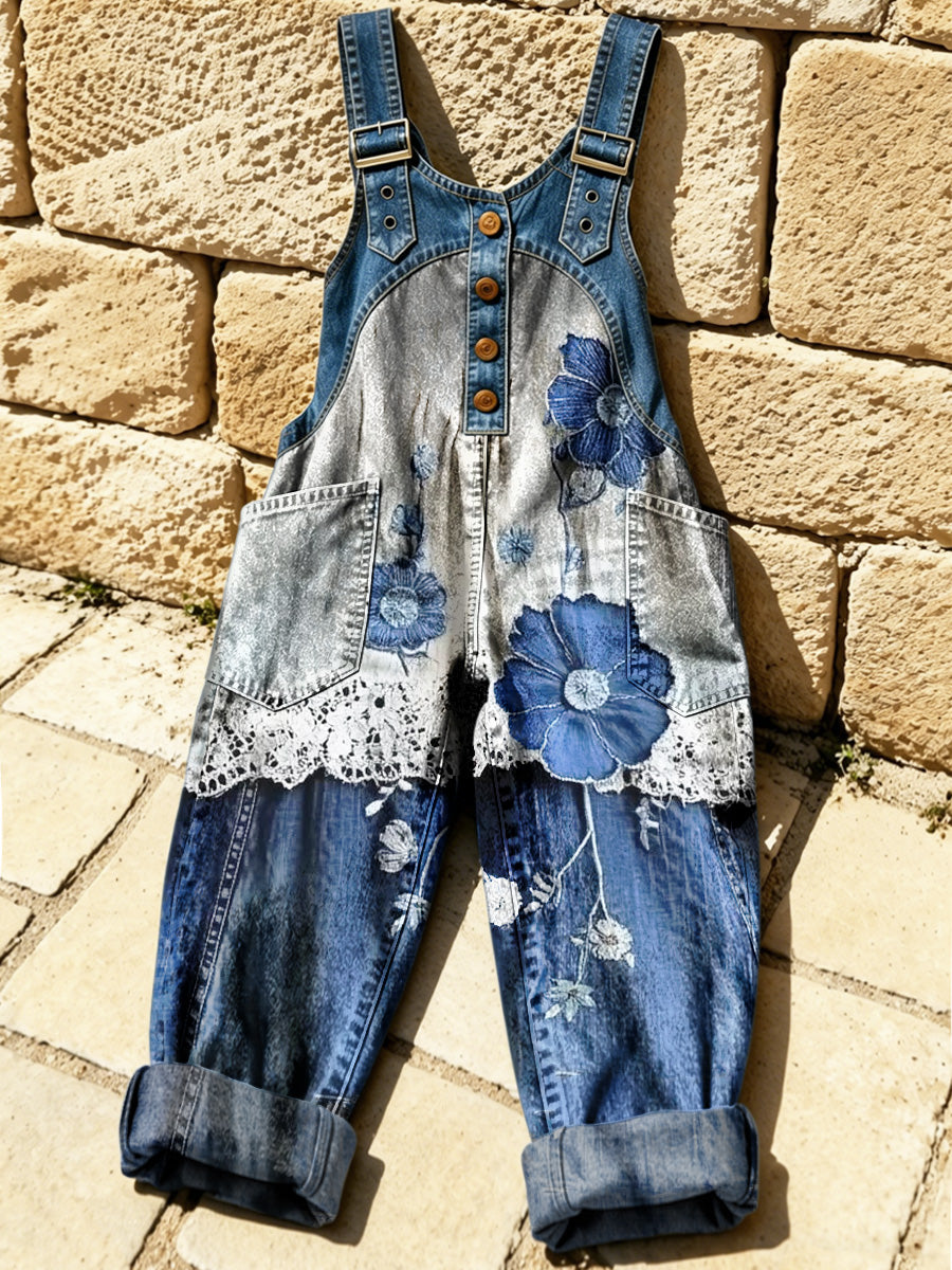 Women's Retro Floral Color-Blocked Art Print Washed Cotton Denim Patchwork Jumpsuit